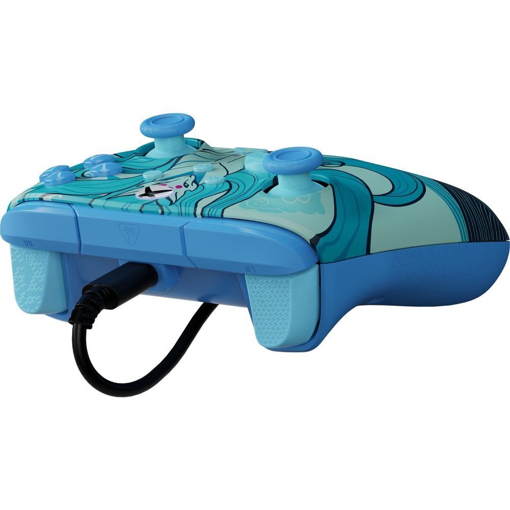 Wired gaming controller top view with blue Kitsune design and two raised thumbstick caps