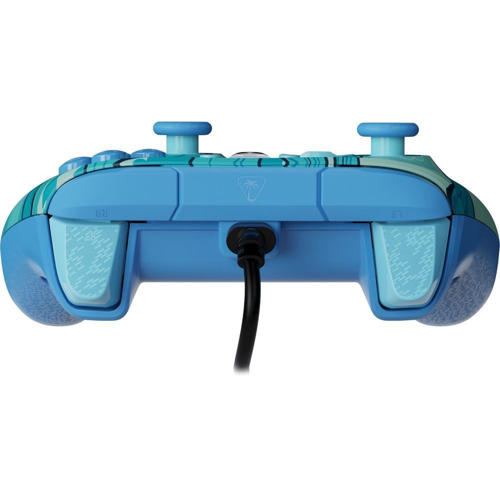 Wired gaming controller rear view with light-blue grips and center cable connection