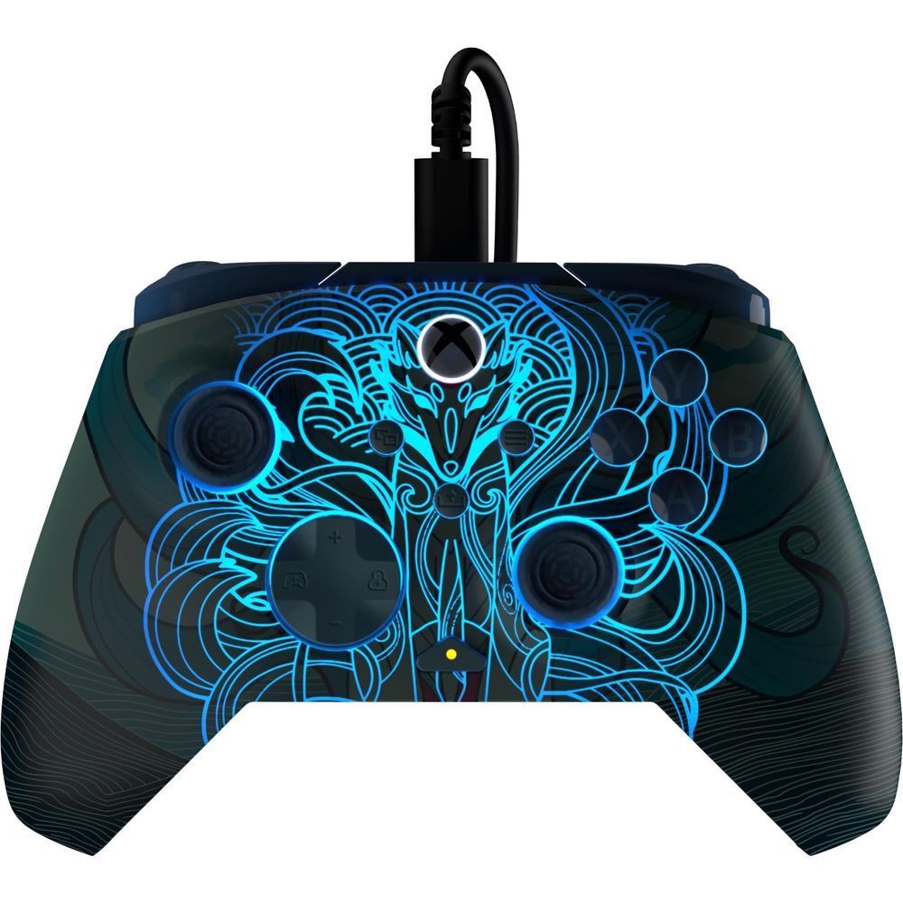 Wired gaming controller with dark navy Kitsune graphic, blue thumbsticks, and face buttons