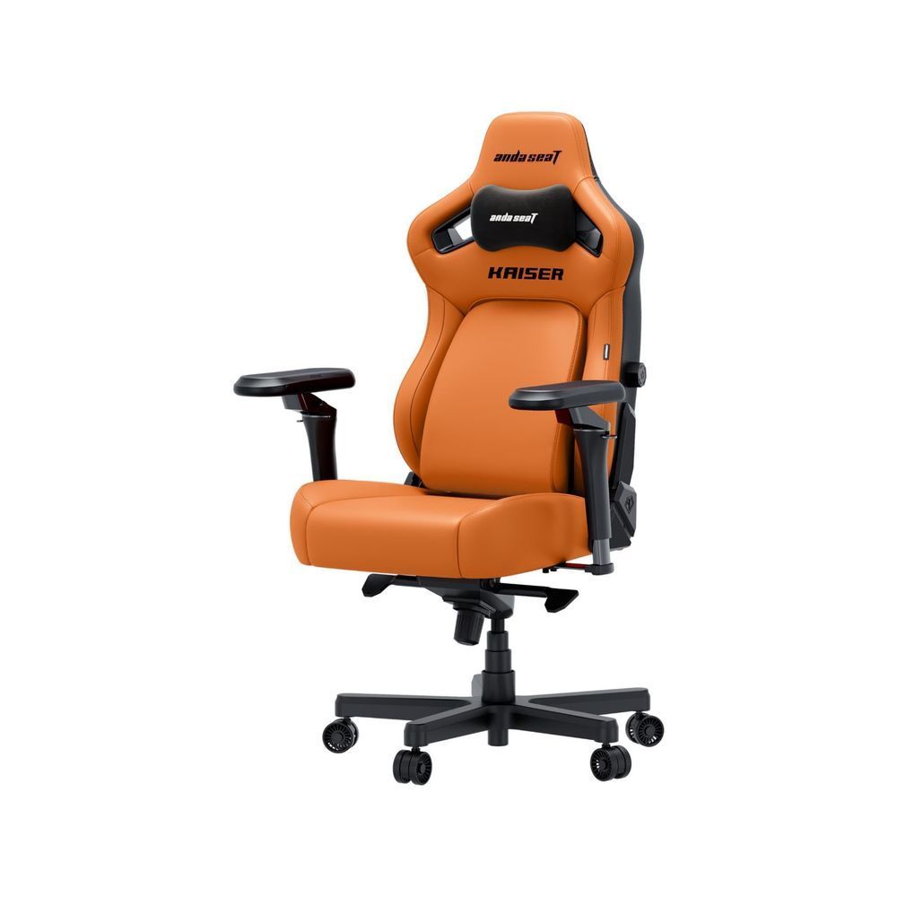 Blaze orange gaming chair showing headrest, padded seat, black frame, and casters