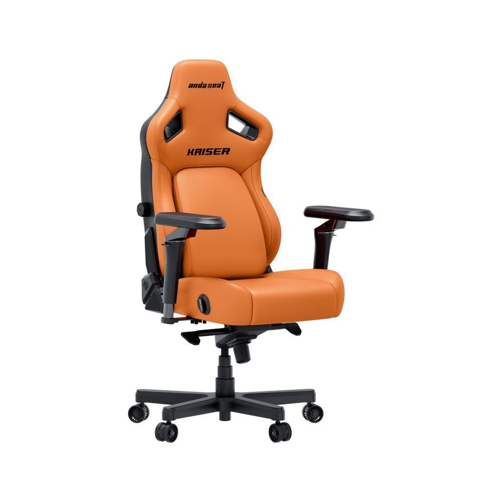 Blaze orange gaming chair side view with padded armrests and adjustable swivel base