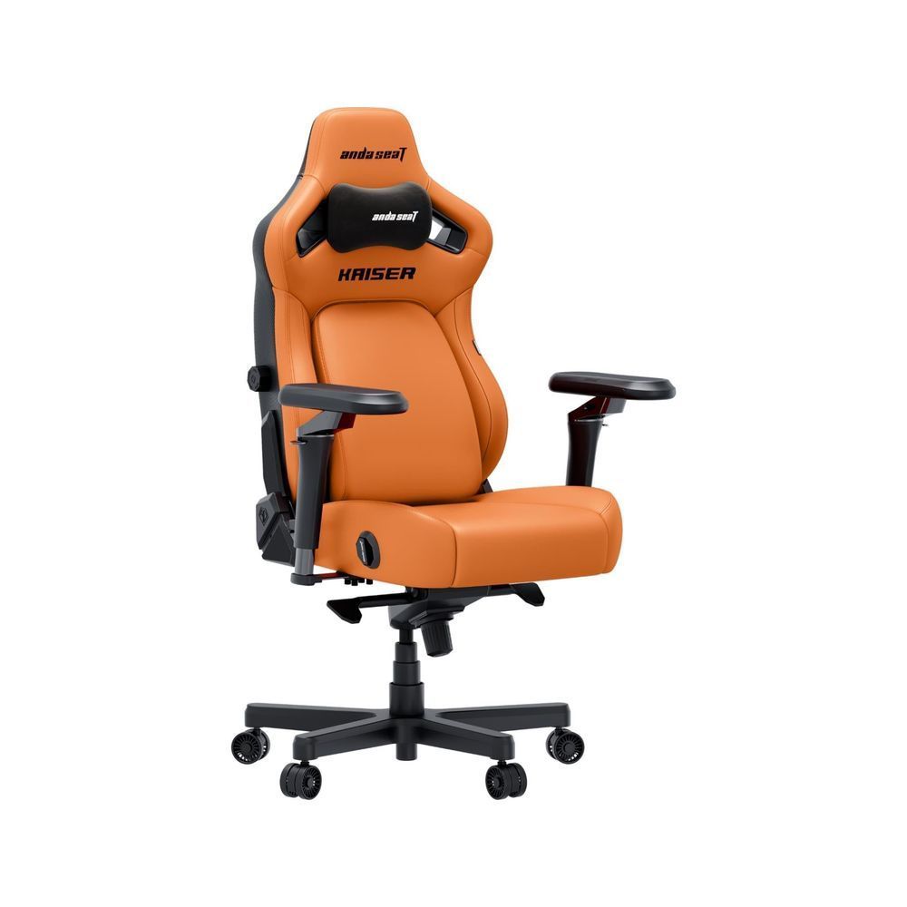 Blaze orange gaming chair angled front view with thick seat, headrest, and casters