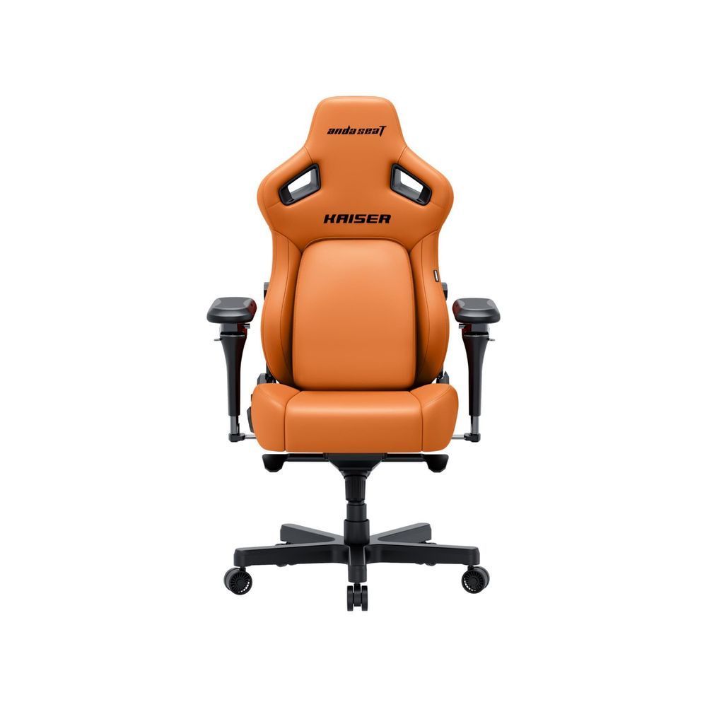 Blaze orange gaming chair front view with headrest, padded back, and black armrests