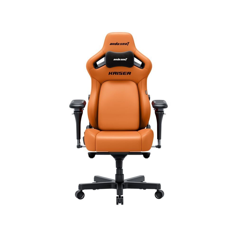 Blaze orange gaming chair front view with ergonomic headrest, thick seat, and caster base