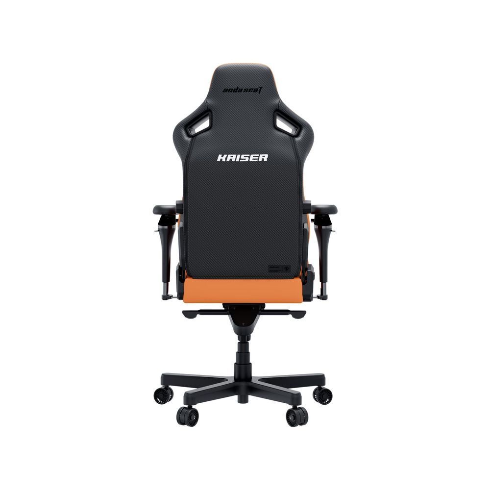 Gaming chair with black back panel and blaze orange seat and headrest