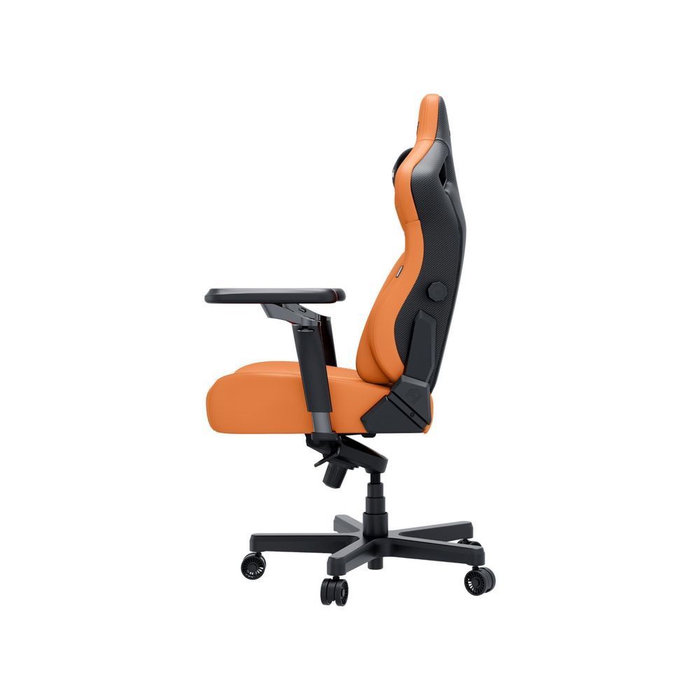 Side view of blaze orange gaming chair with black shell, armrests, and caster base