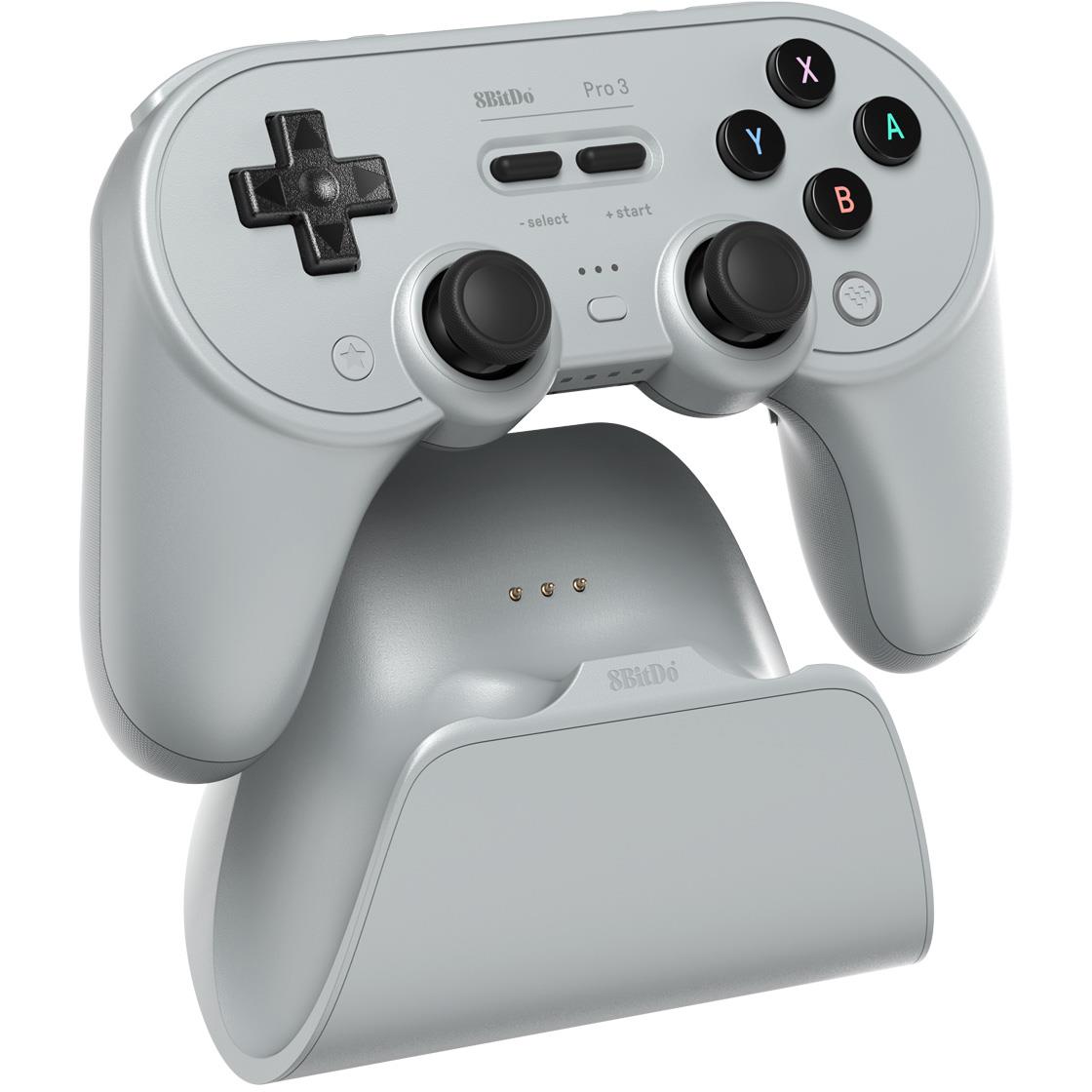 8BitDo Pro 3 Bluetooth gamepad in grey with charging dock, image 2 - Electronic Gaming Accessories at Tech Supply Shed NZ
