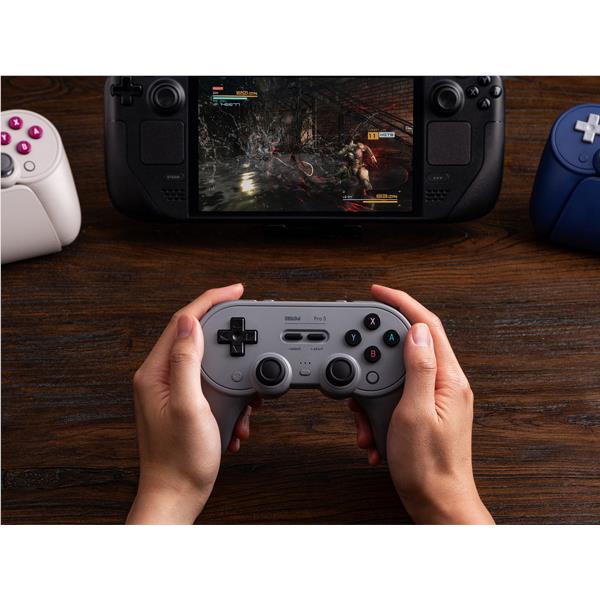8BitDo Pro 3 Bluetooth gamepad in grey with charging dock, image 7 - Electronic Gaming Accessories at Tech Supply Shed NZ