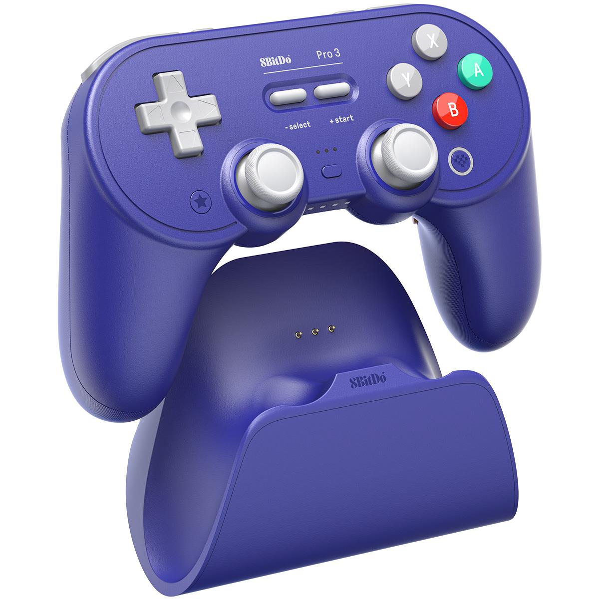 8BitDo Pro 3 Bluetooth gamepad in purple with charging dock, image 2 - Electronic Gaming Accessories at Tech Supply Shed NZ