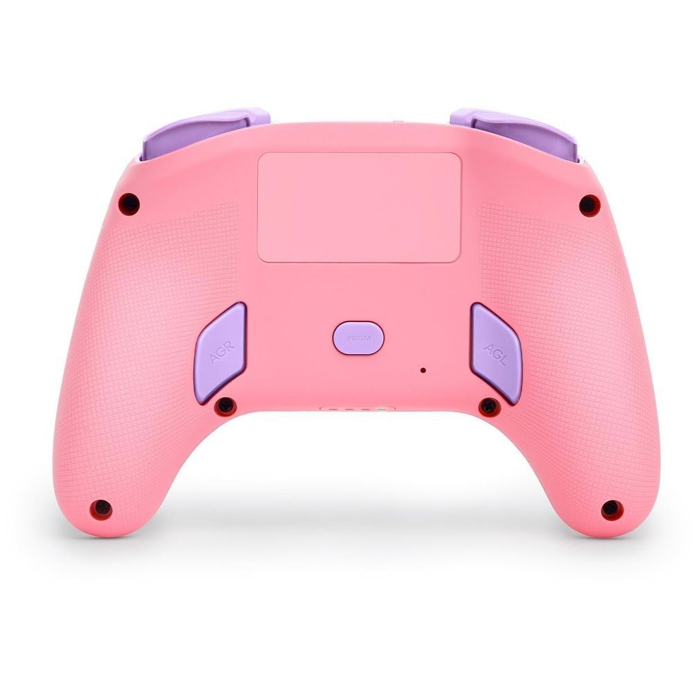 Pink wireless game controller back with two triggers, central back panel, and vented grips