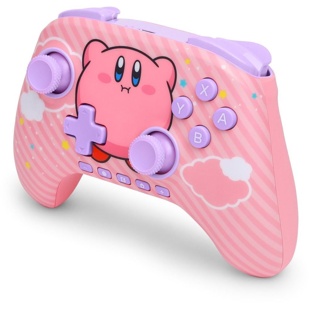 Pink Kirby-themed wireless game controller with purple thumbsticks, d-pad, and cloud graphics