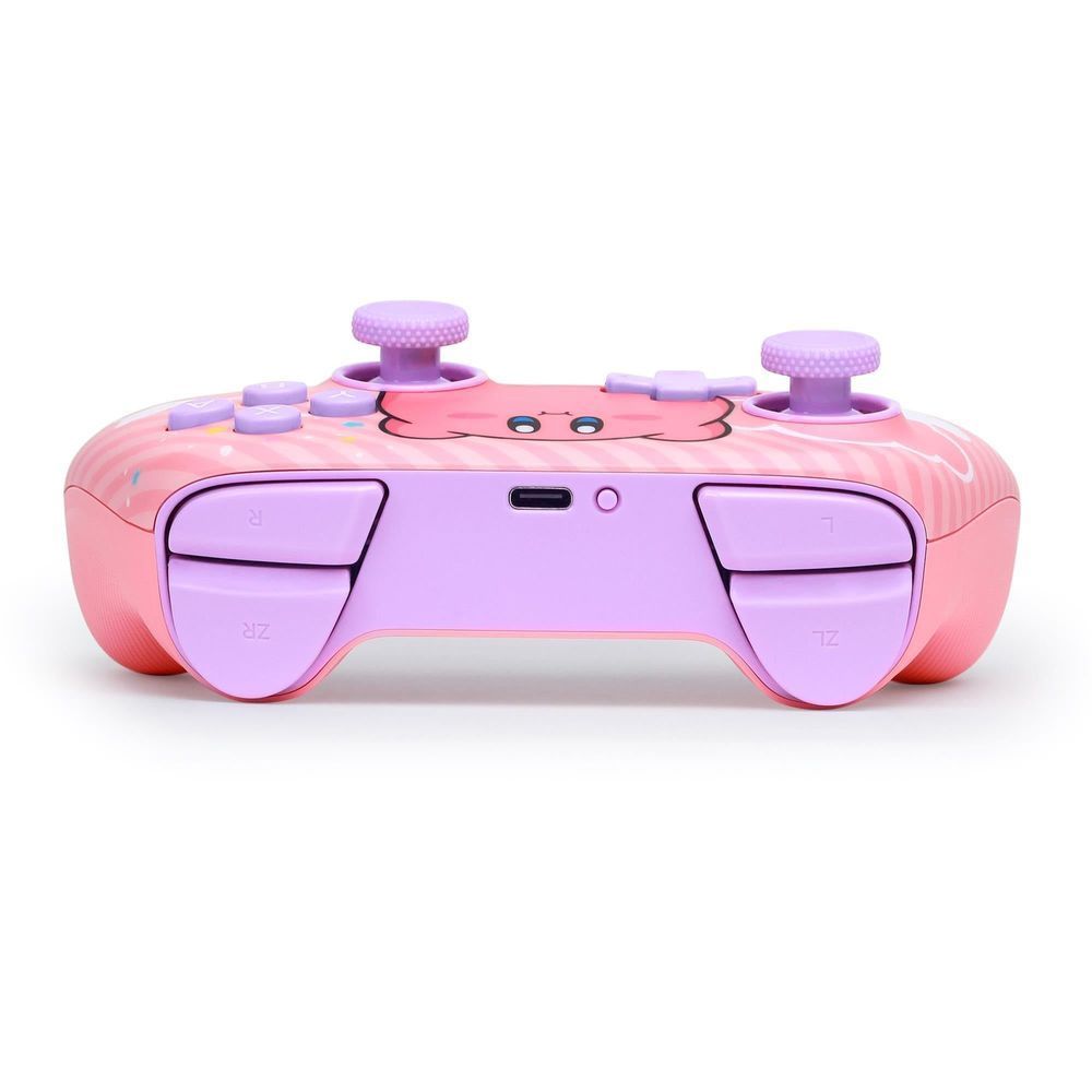 Pink wireless game controller top view with ABXY area, triggers, and thumbstick caps