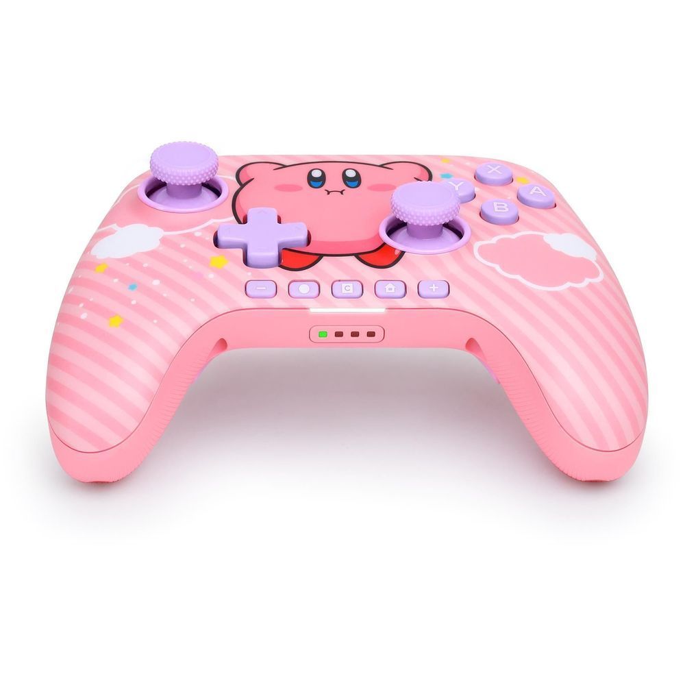 Pink Kirby-themed wireless game controller front with plus D-pad and purple joystick caps