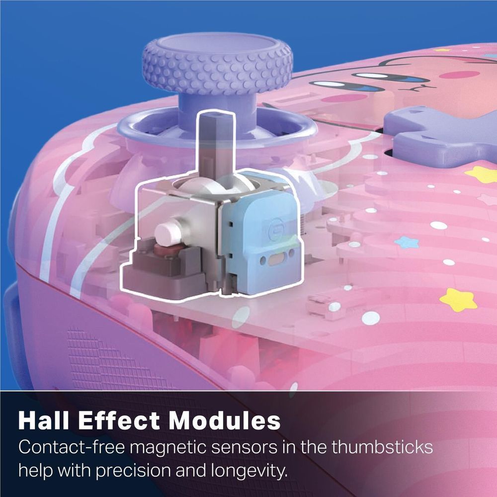 Pink controller thumbstick area with exposed module parts and purple joystick cap