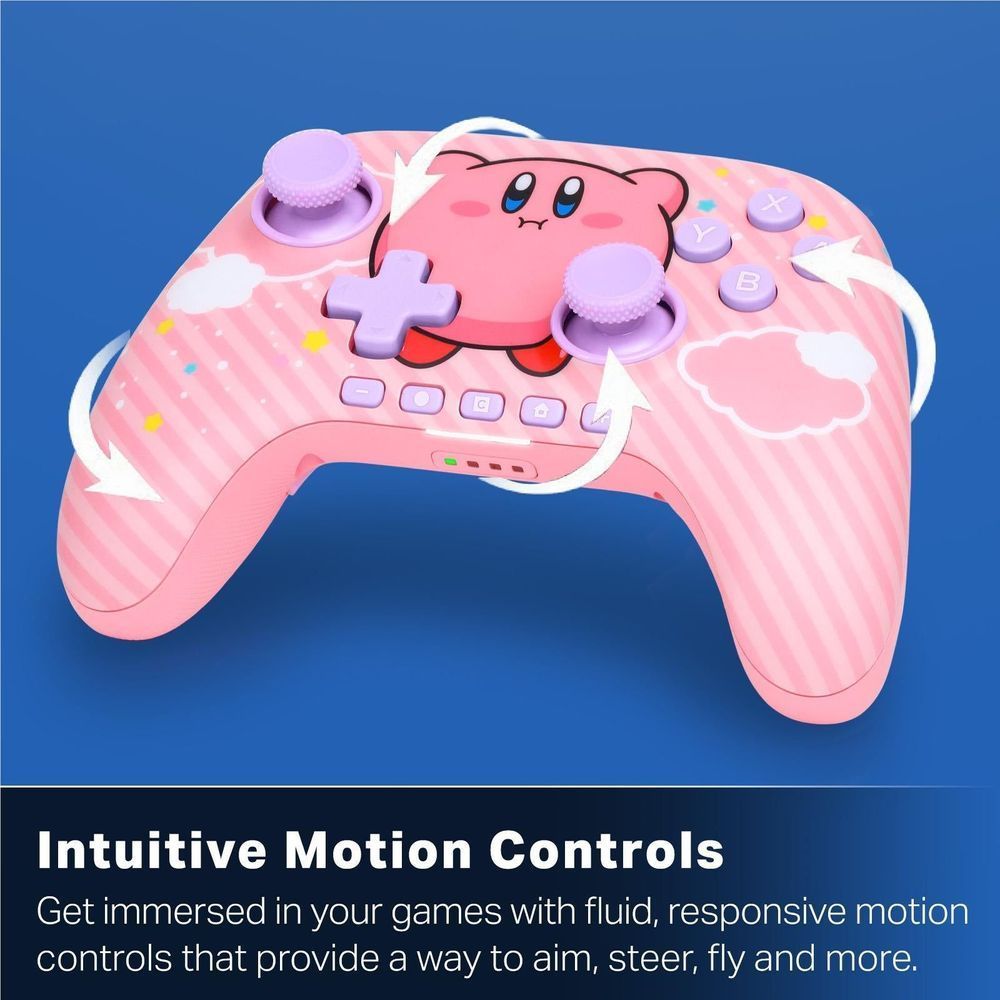 Pink Kirby-themed wireless game controller with purple thumbsticks and cross d-pad