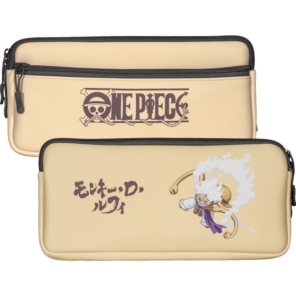 Pair of beige One Piece neoprene cases with black zippers and character and logo prints