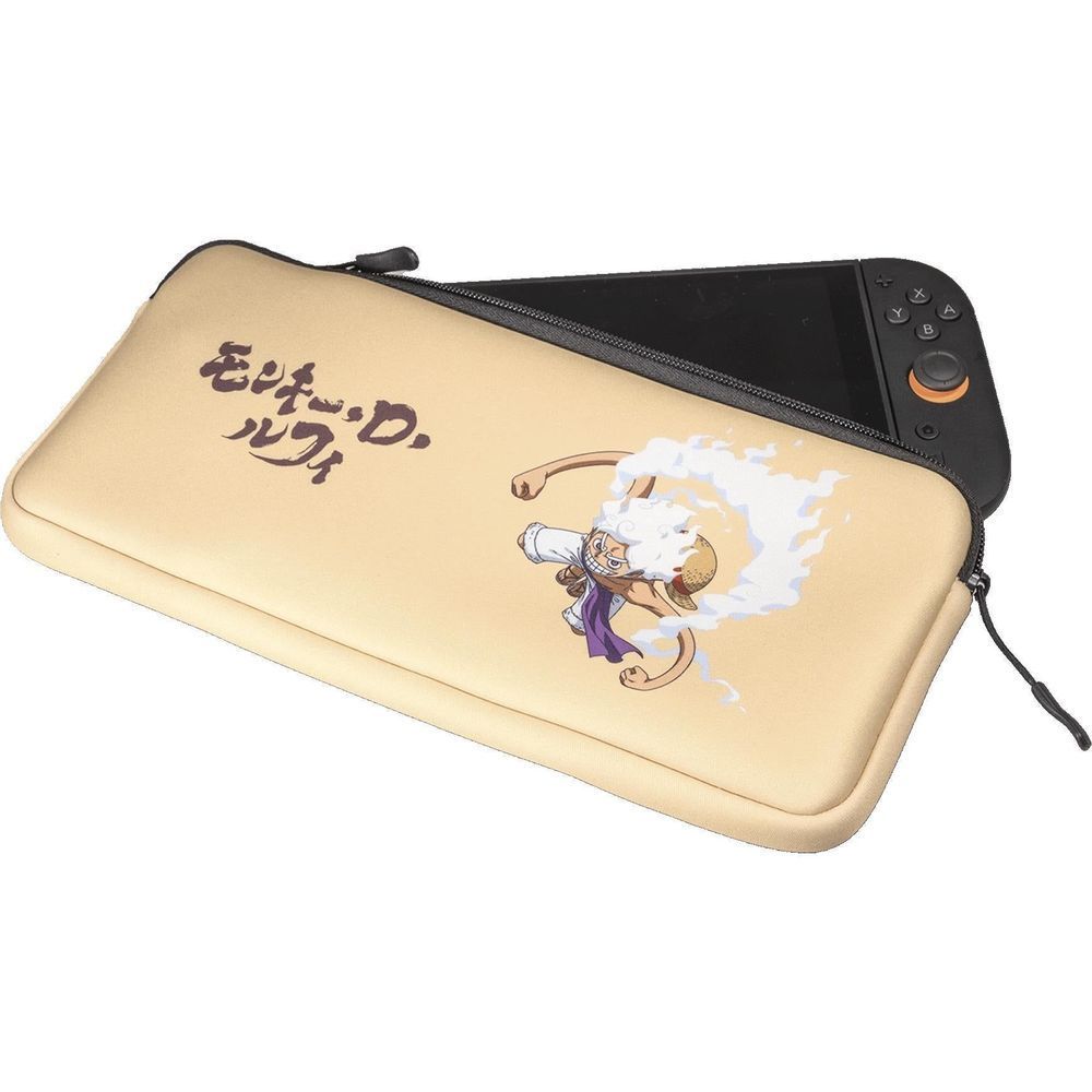 Beige neoprene accessory case with black zipper, character graphic, and black pull cord