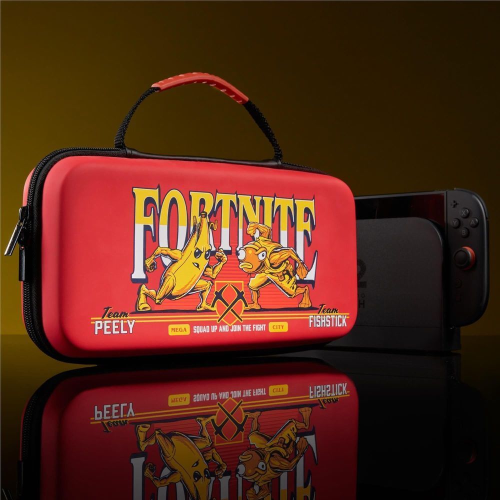Red Fortnite printed Switch case holding a black handheld console