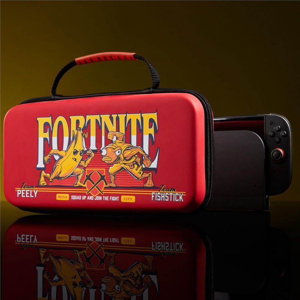 Side view of red hard Switch case with Fortnite Peely vs Fishstick print and console