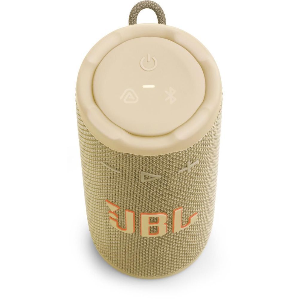 Yellow JBL Grip compact speaker top view with power and control icons.