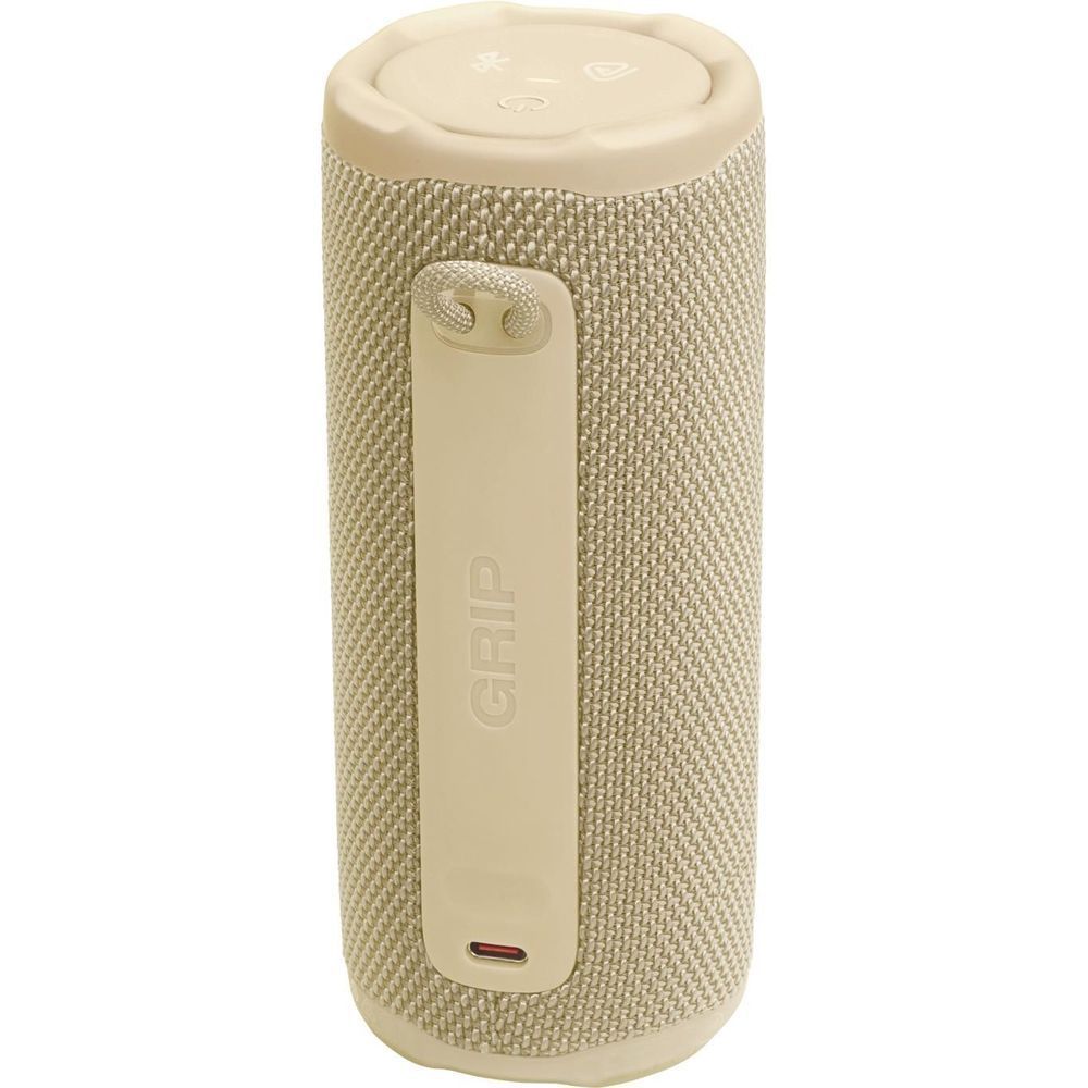 Yellow JBL Grip compact speaker showing side grip panel and control icons.