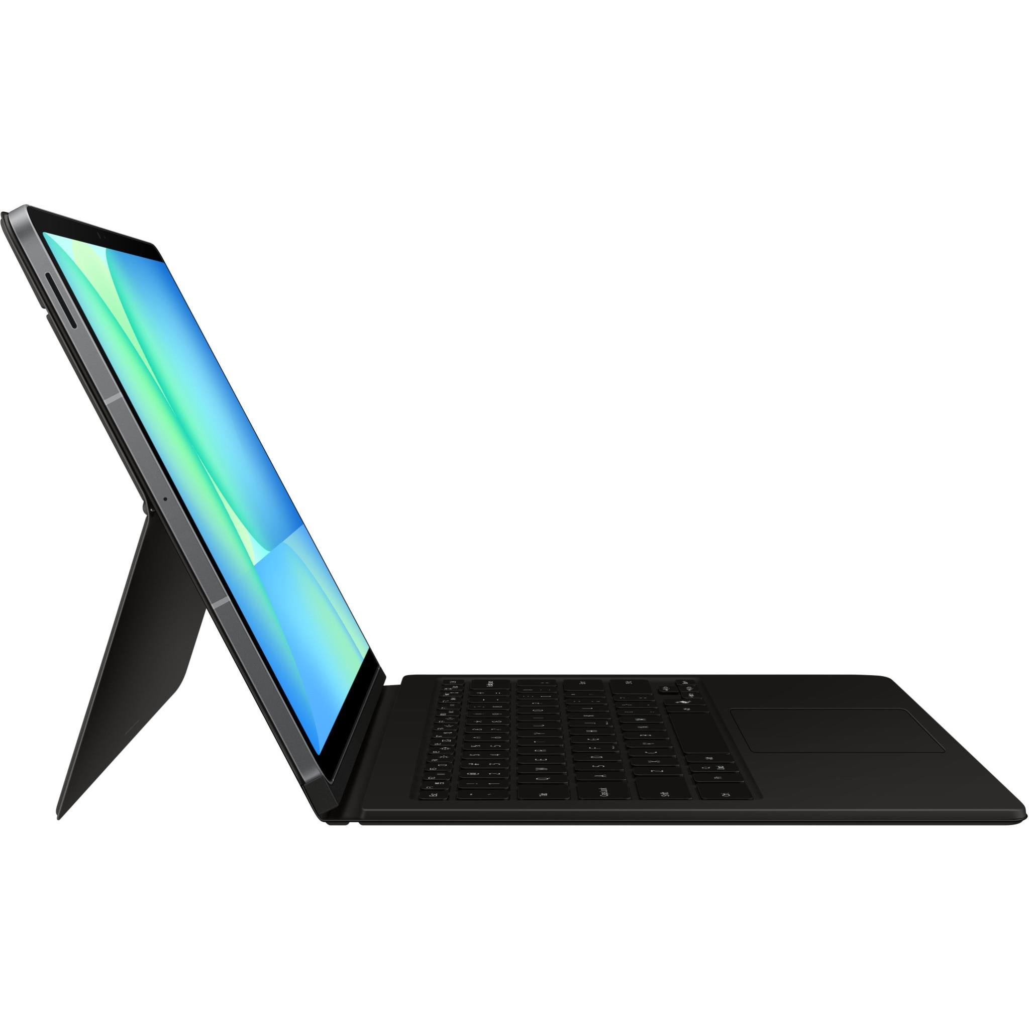 Black tablet book cover keyboard case with angled kickstand and built-in keyboard