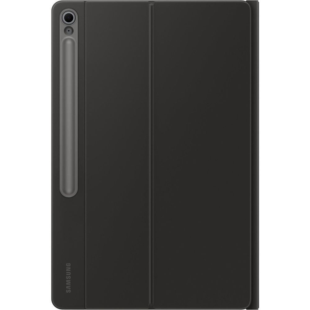 Black tablet book cover case with rear camera cutout and side grip