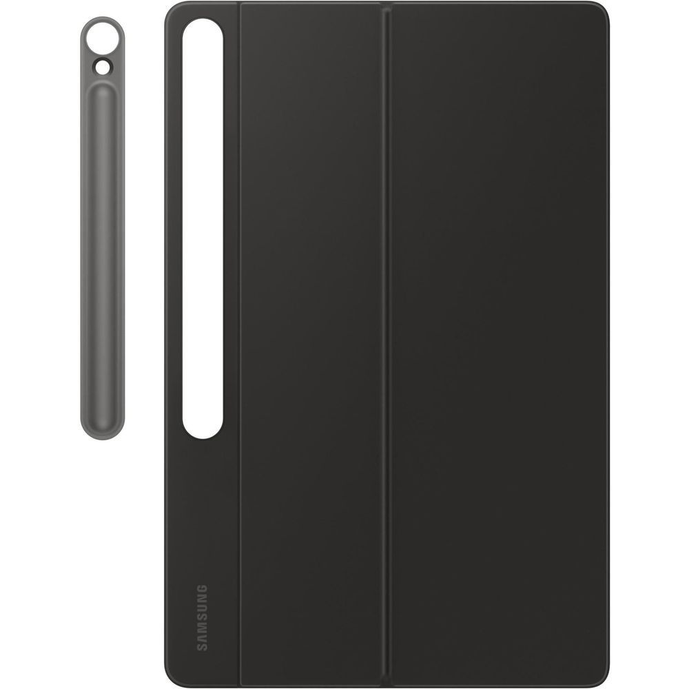 Black tablet cover case rear view with side grip bar and camera opening