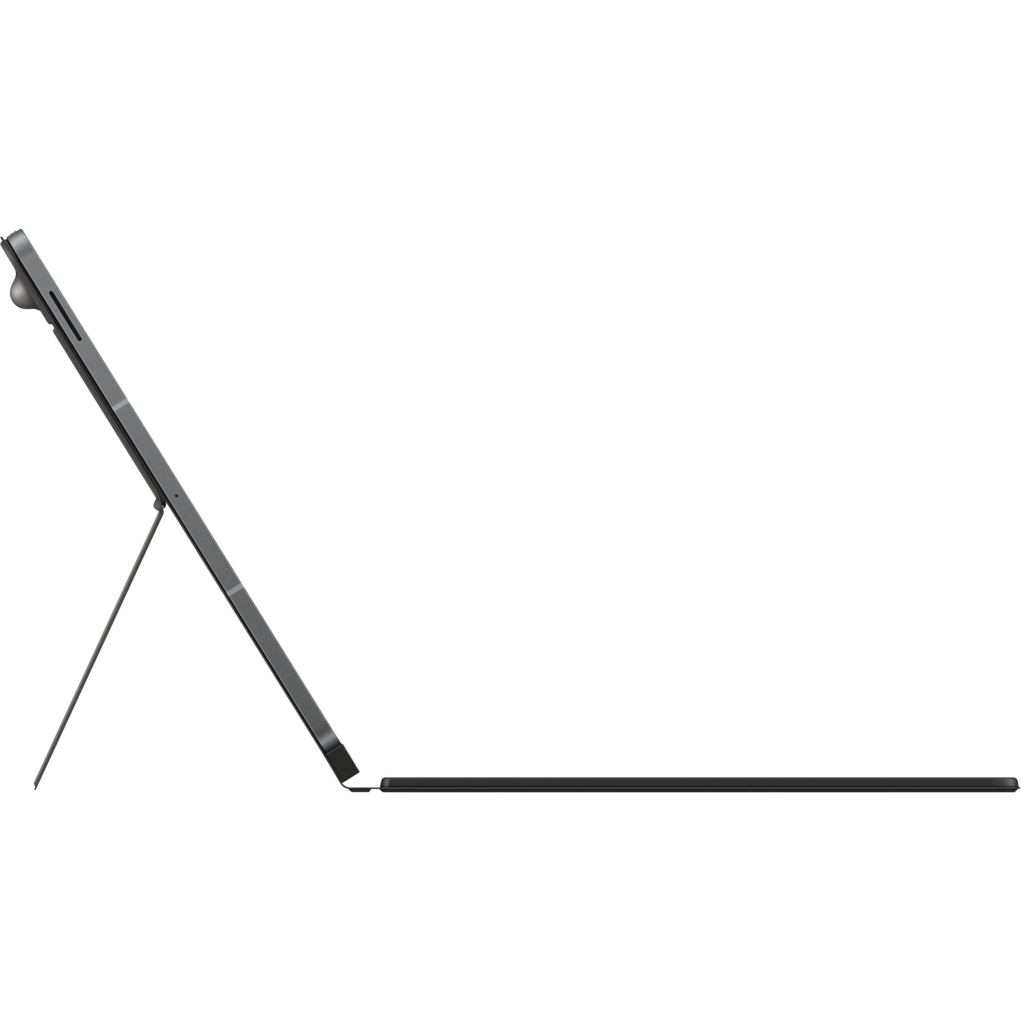 Black tablet case keyboard edge with kickstand open at an angle