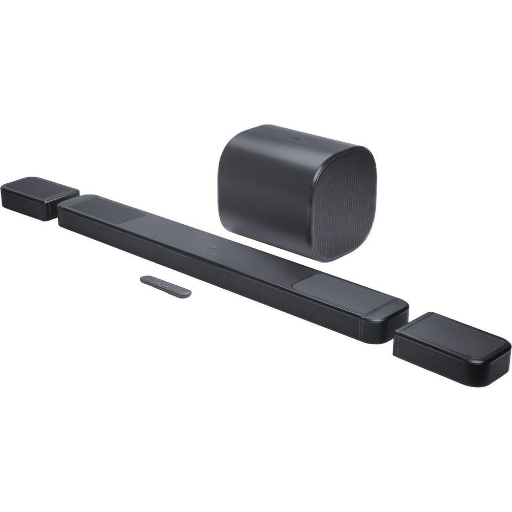 Black soundbar system with cylindrical subwoofer and detachable speaker modules