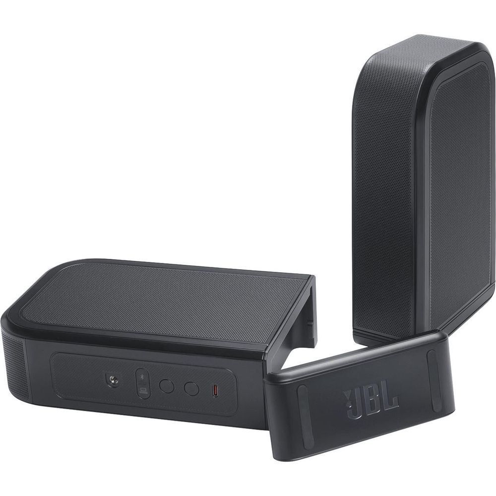 Black soundbar with detachable surround speakers and JBL remote control