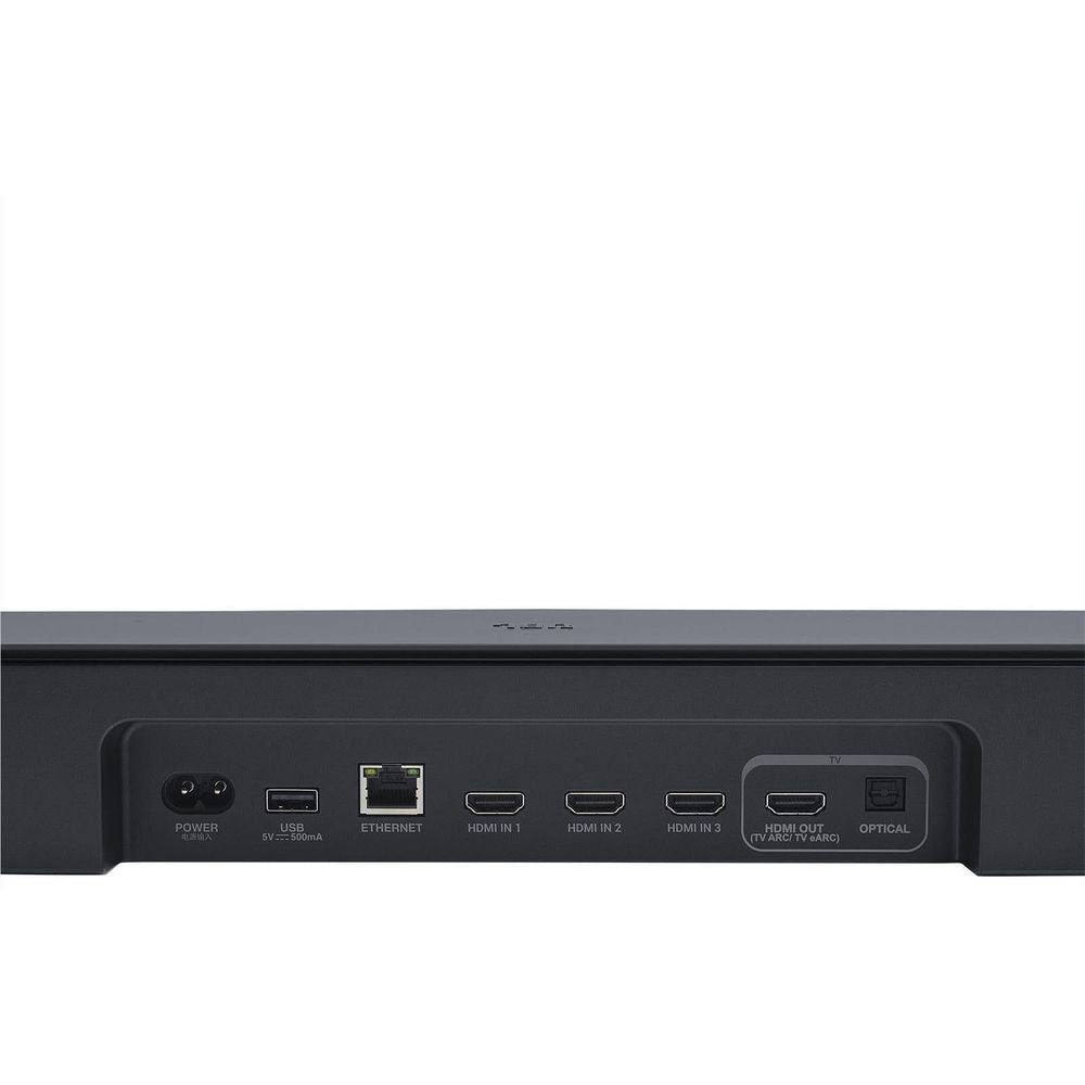Black soundbar rear panel with power and HDMI input/output ports