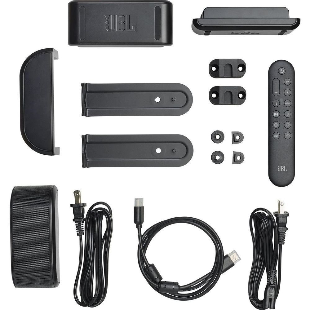 Soundbar accessory set with remote, cables, and detachable speaker parts