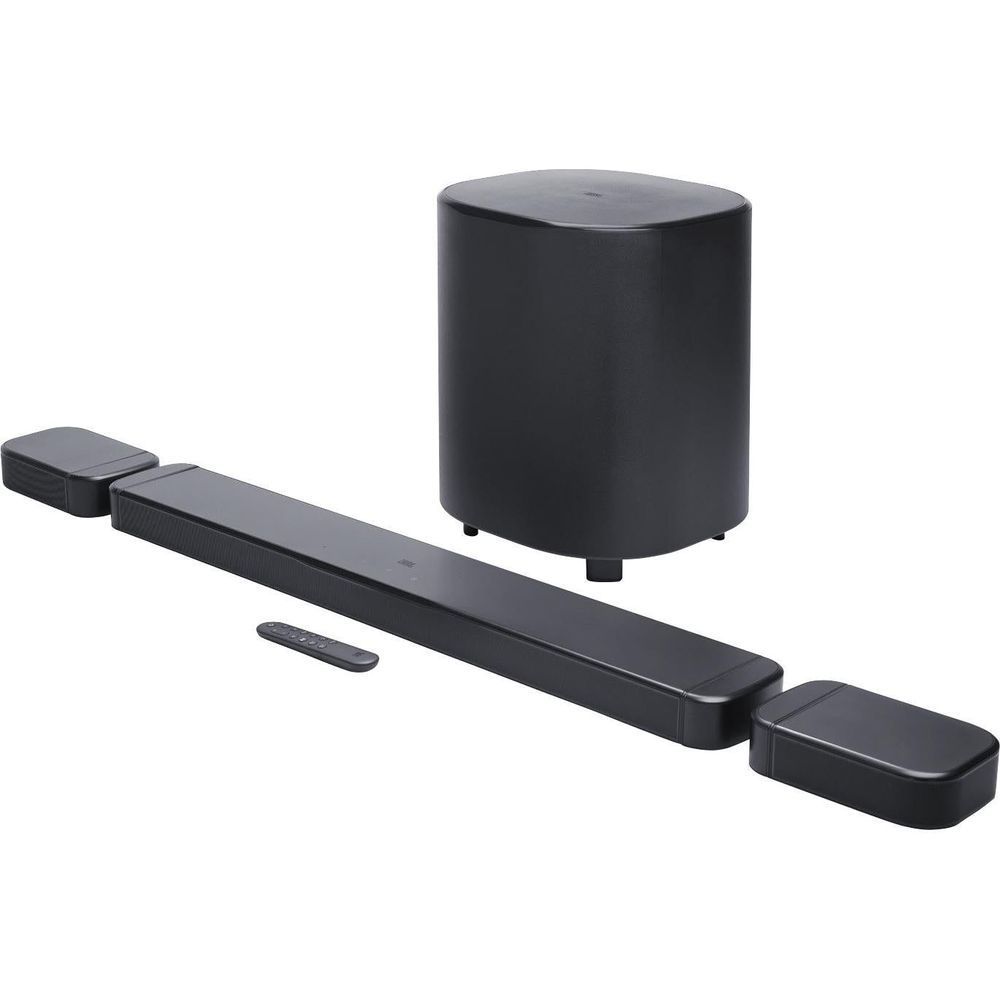 JBL black soundbar with round subwoofer and detachable end speakers, angled view