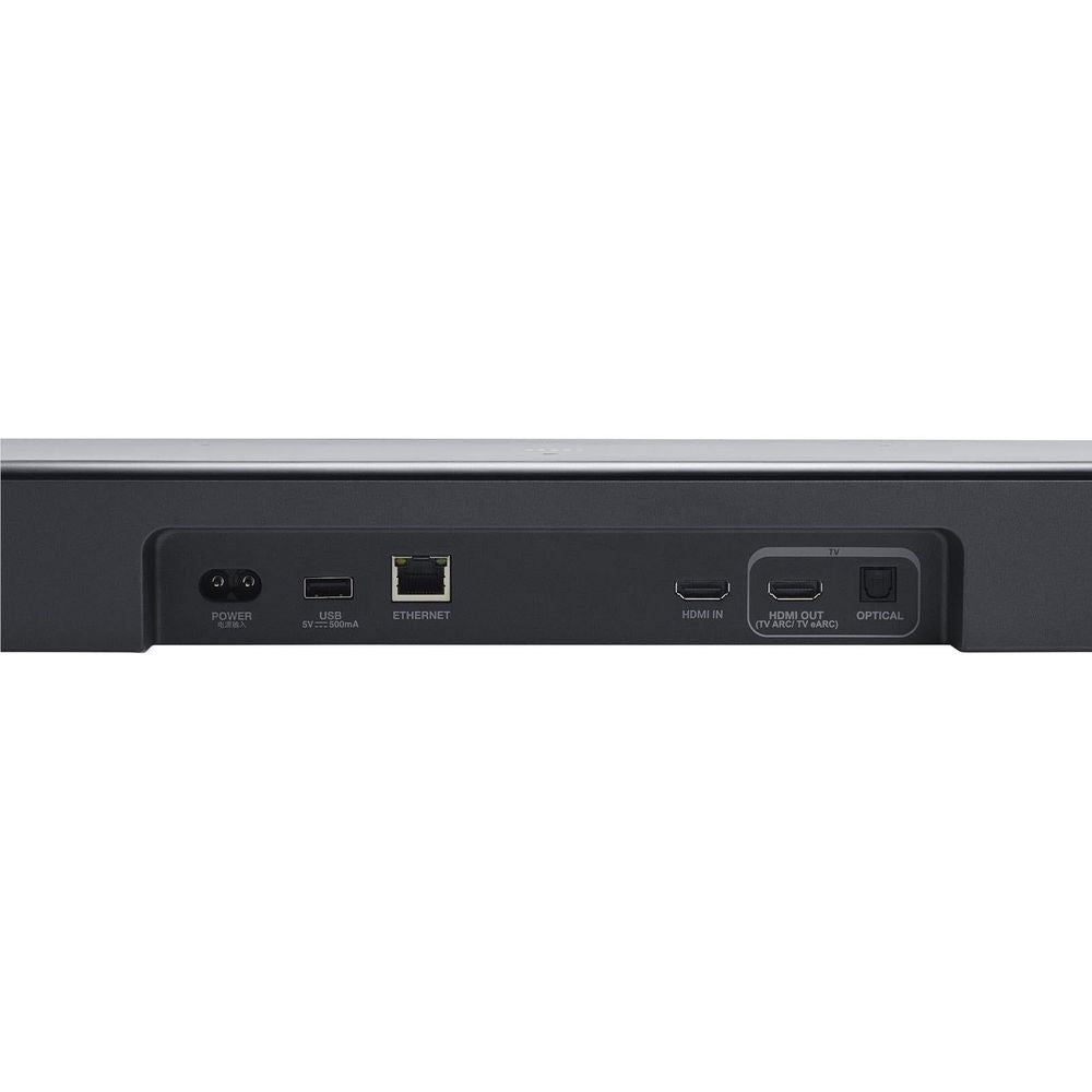 Black soundbar rear panel with connectivity ports and labels