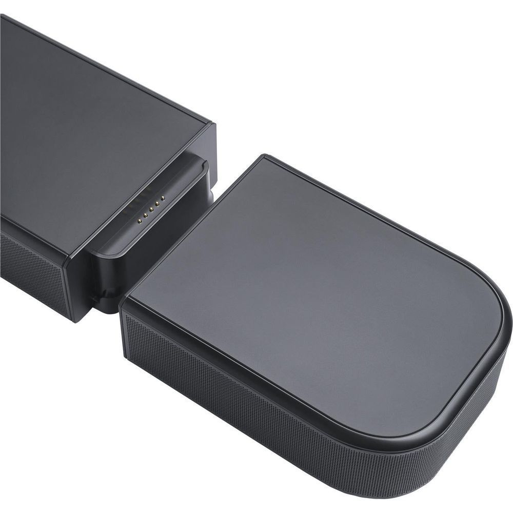Detachable speaker module on black soundbar with connector contacts, side view
