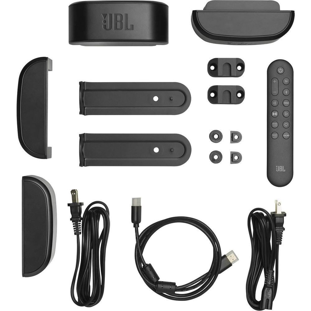 JBL accessory set: remote, cables, mounting brackets, and detachable speaker covers