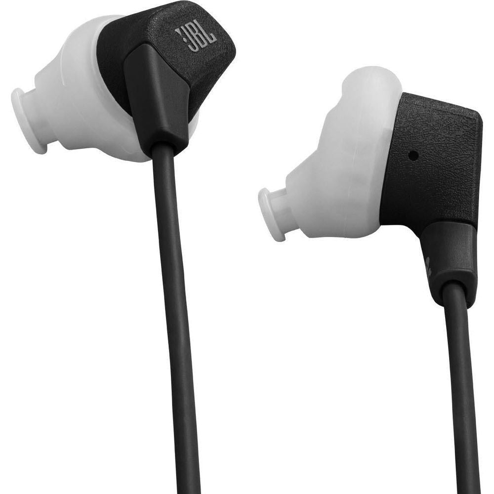 Black and gray in-ear headphones with ergonomic ear hooks and textured pads