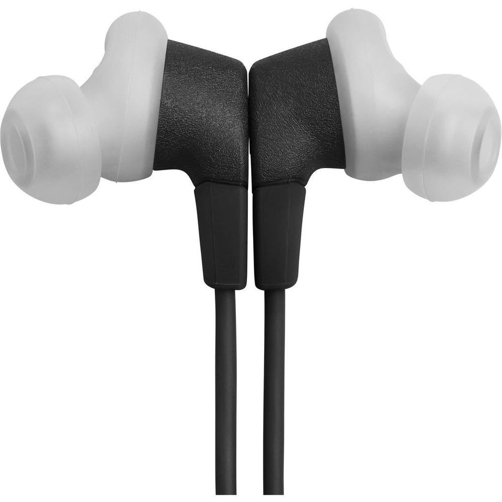 Pair of in-ear headphones with black stems and soft white silicone tips