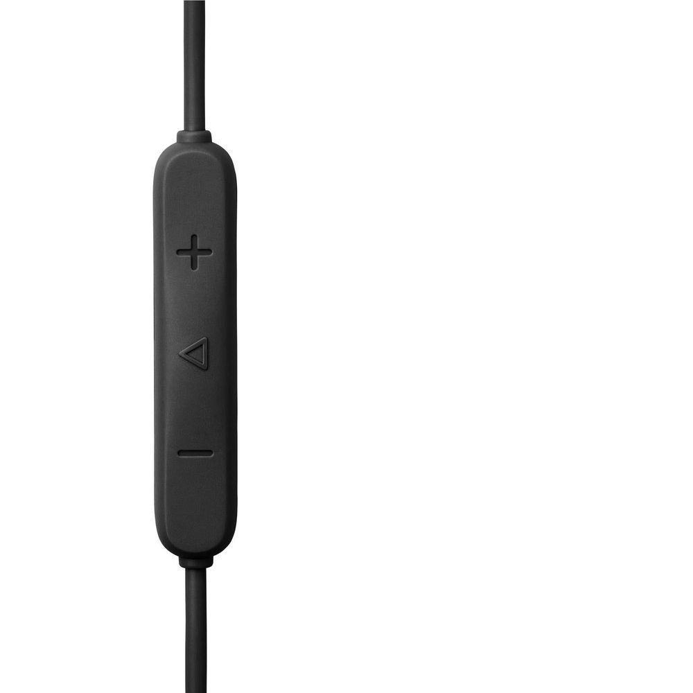 Black inline remote for wired in-ear headphones with plus, minus, and play buttons