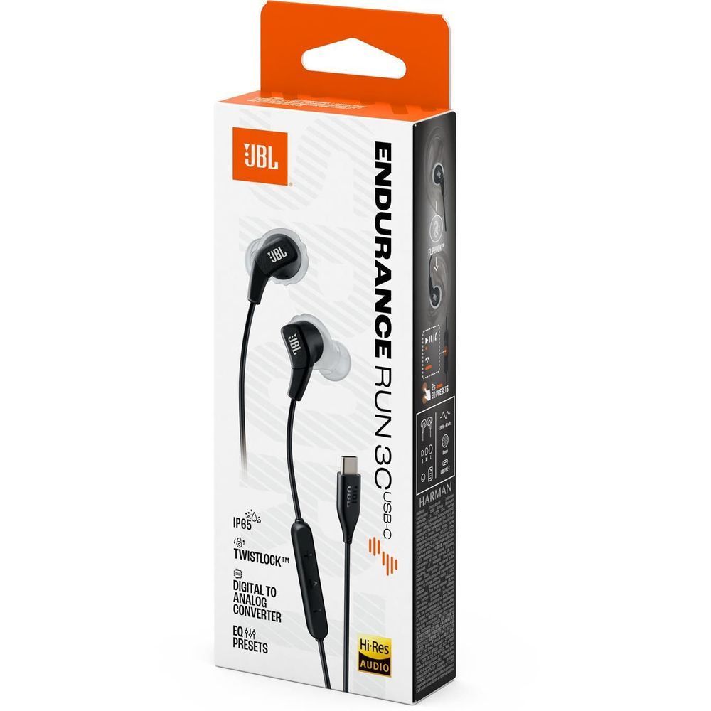 Product box for JBL Endurance Run 3 waterproof wired USB-C in-ear headphones