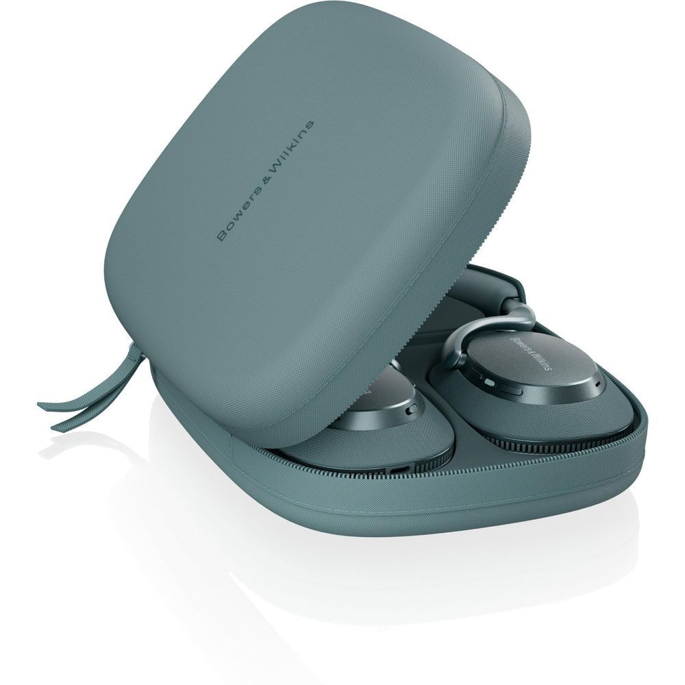 Frost blue over-ear headphones folded in travel case with padded ear-cup rests