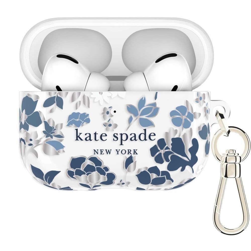 Blue floral AirPods Pro case with open top and visible earbuds