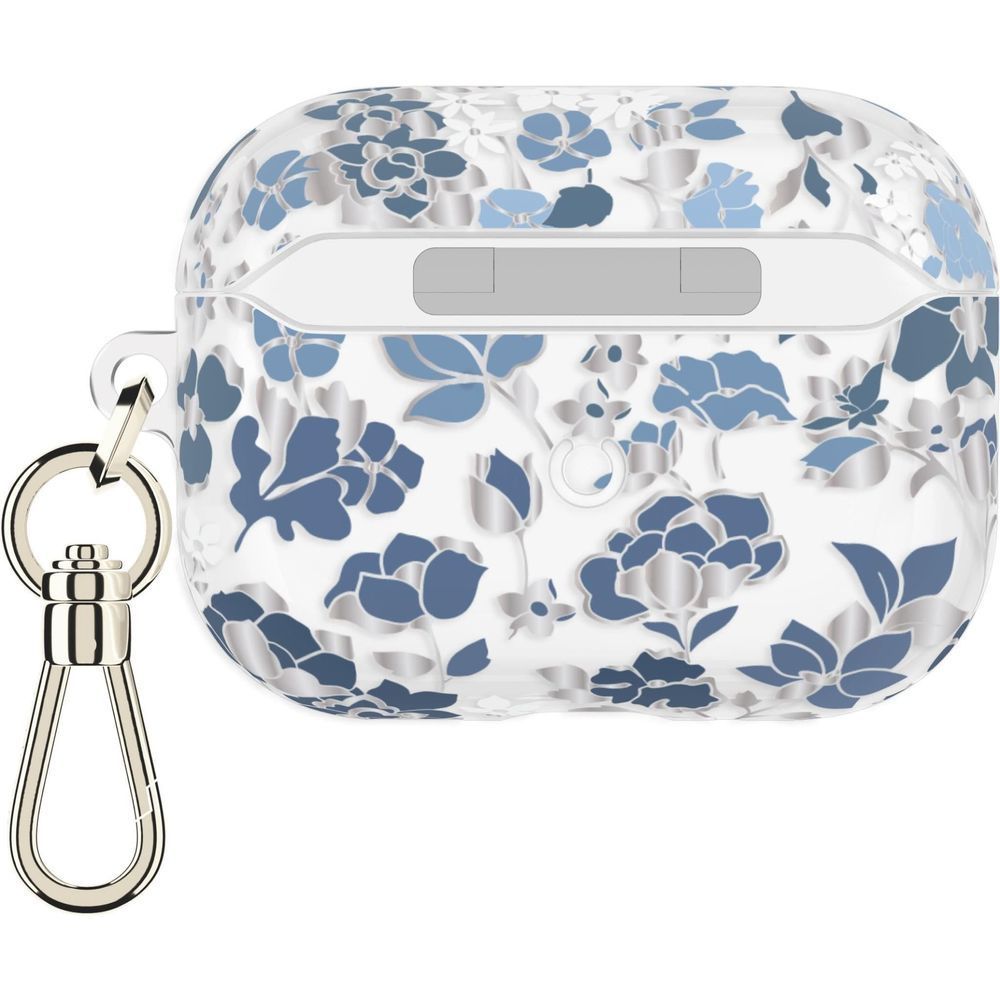 Protective AirPods Pro case with blue floral print and carabiner keyring