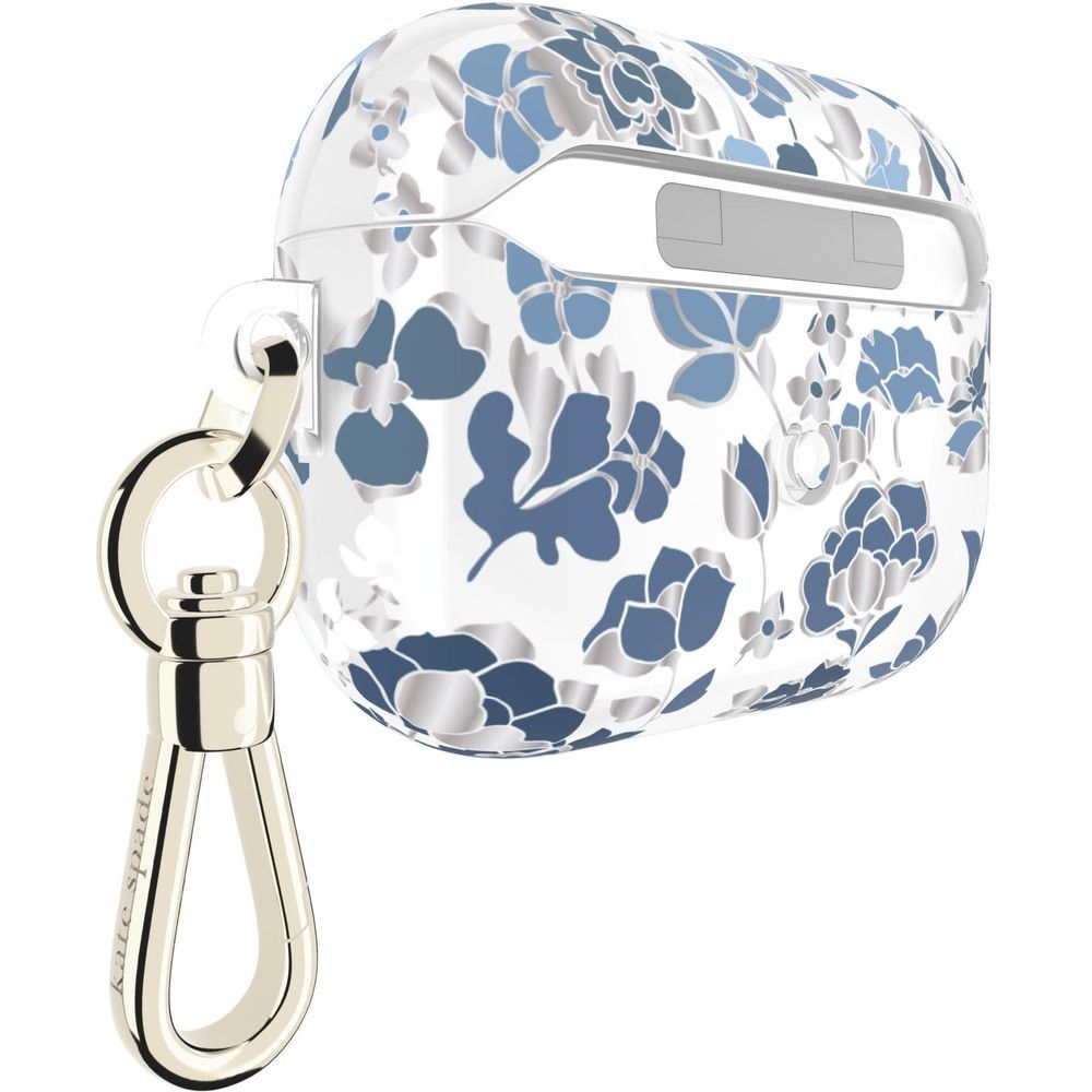 Protective AirPods Pro case with blue floral print and keyring attachment