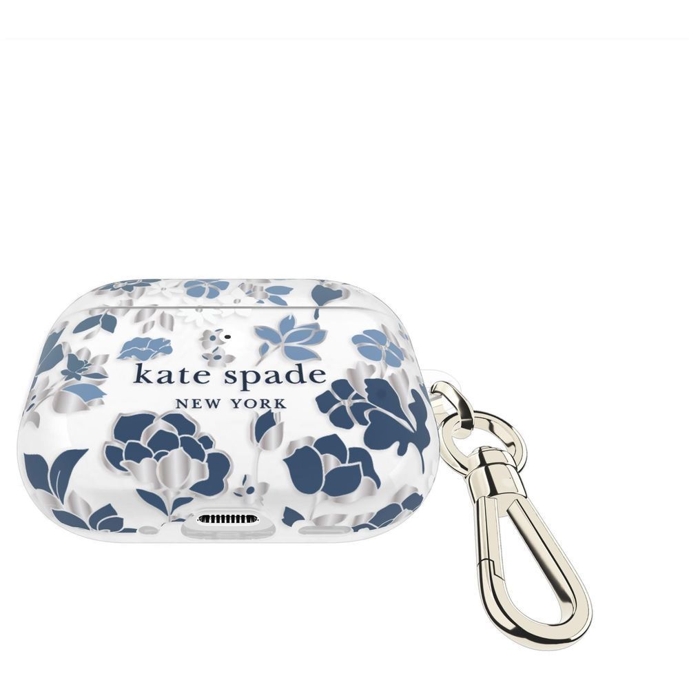Blue floral AirPods Pro case with snap closure and kate spade logo