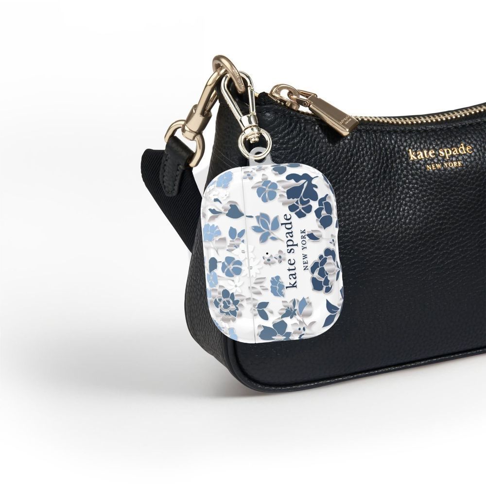 AirPods Pro case key fob on black strap with blue floral mini case
