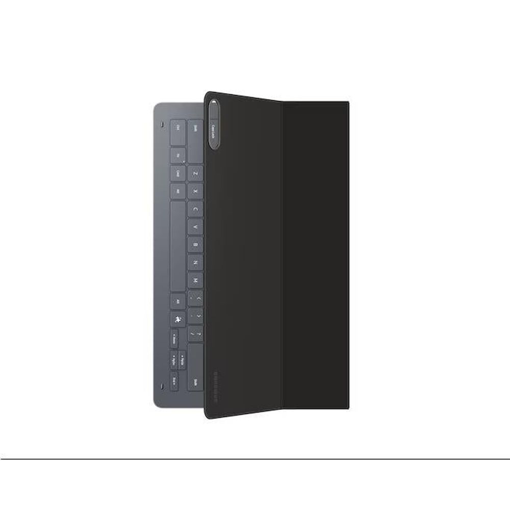 Black tablet keyboard cover folded in, side view of keys and hinges