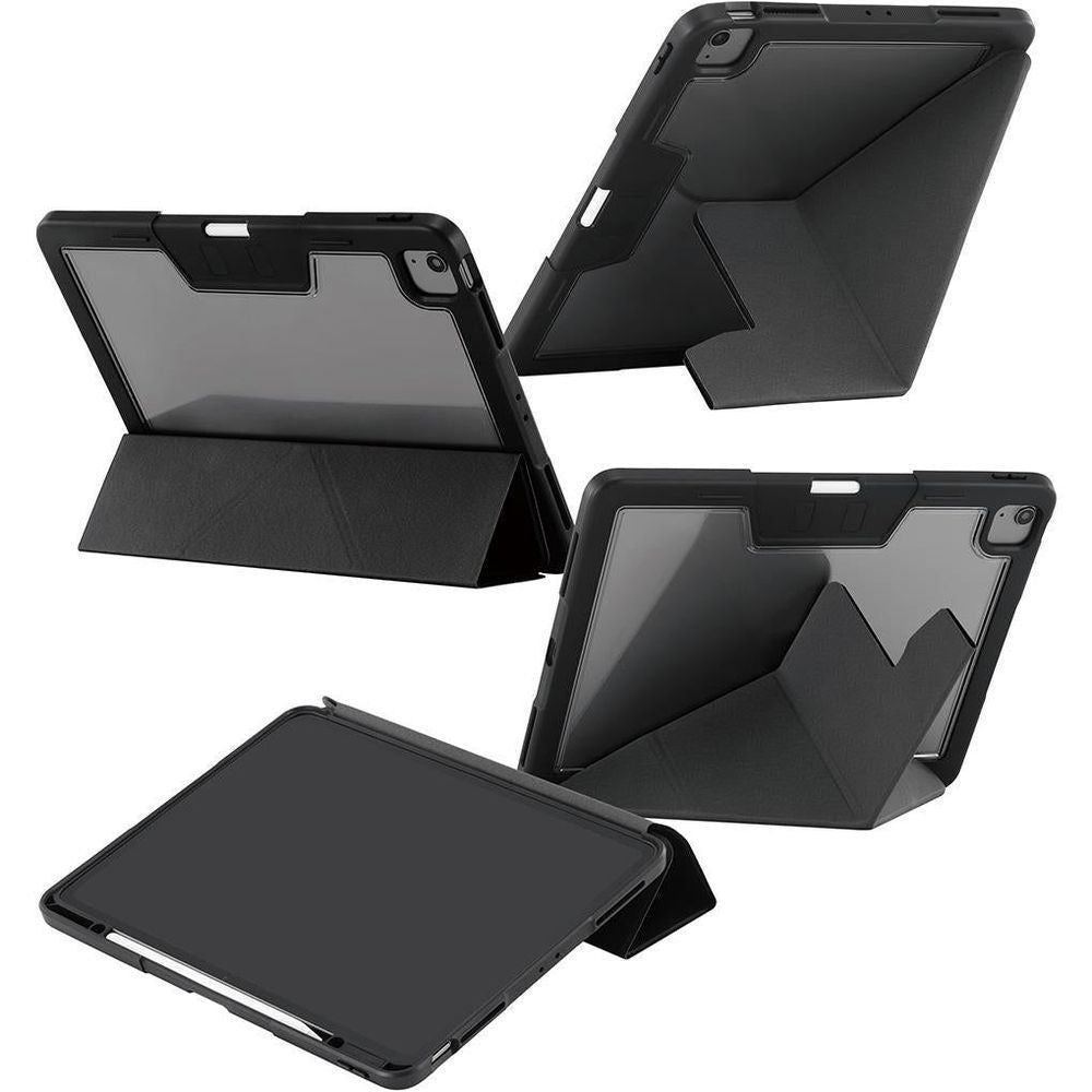 Black folio case, tablet and cover folded for different viewing angles