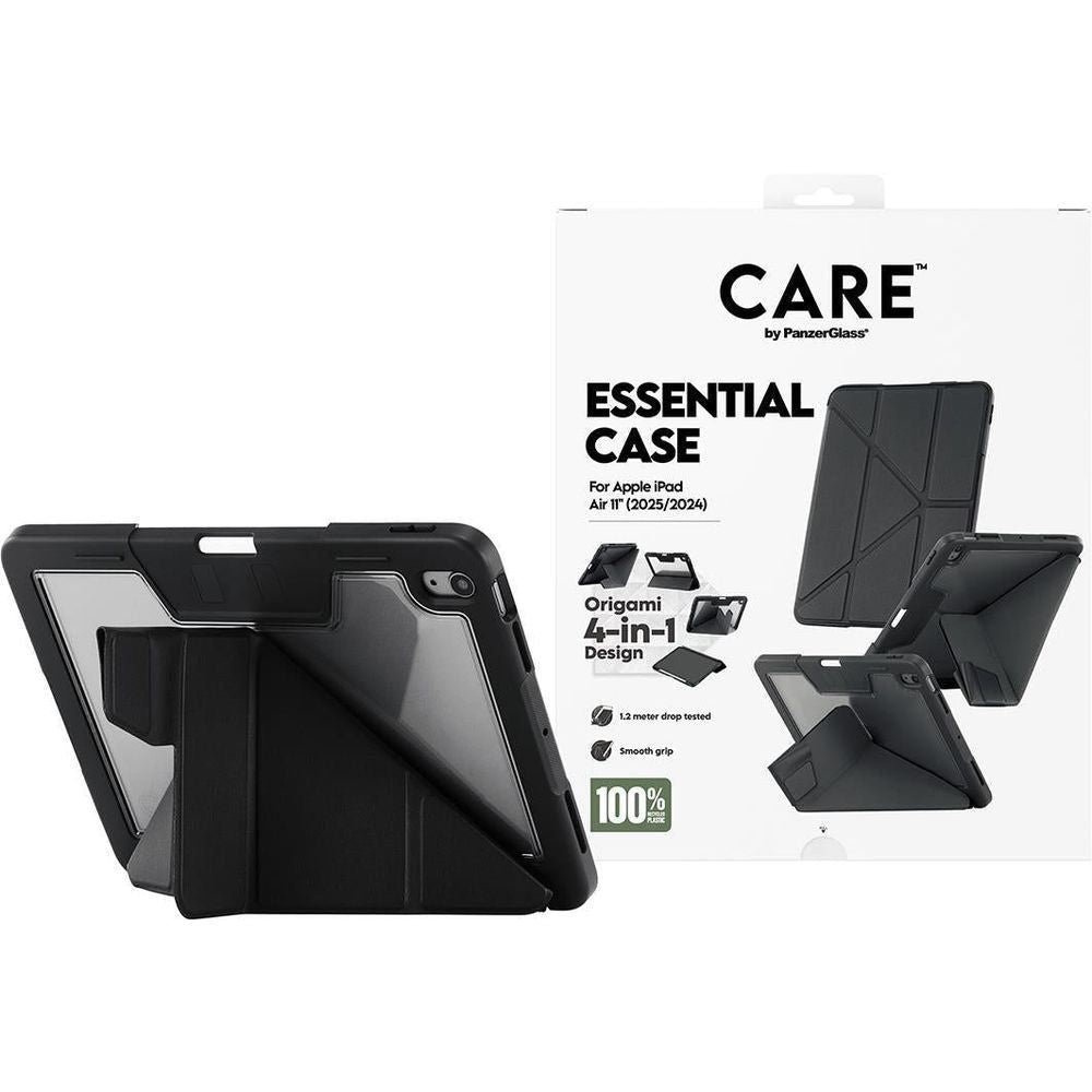 Black folio iPad case with origami-style folds and multi-angle stand